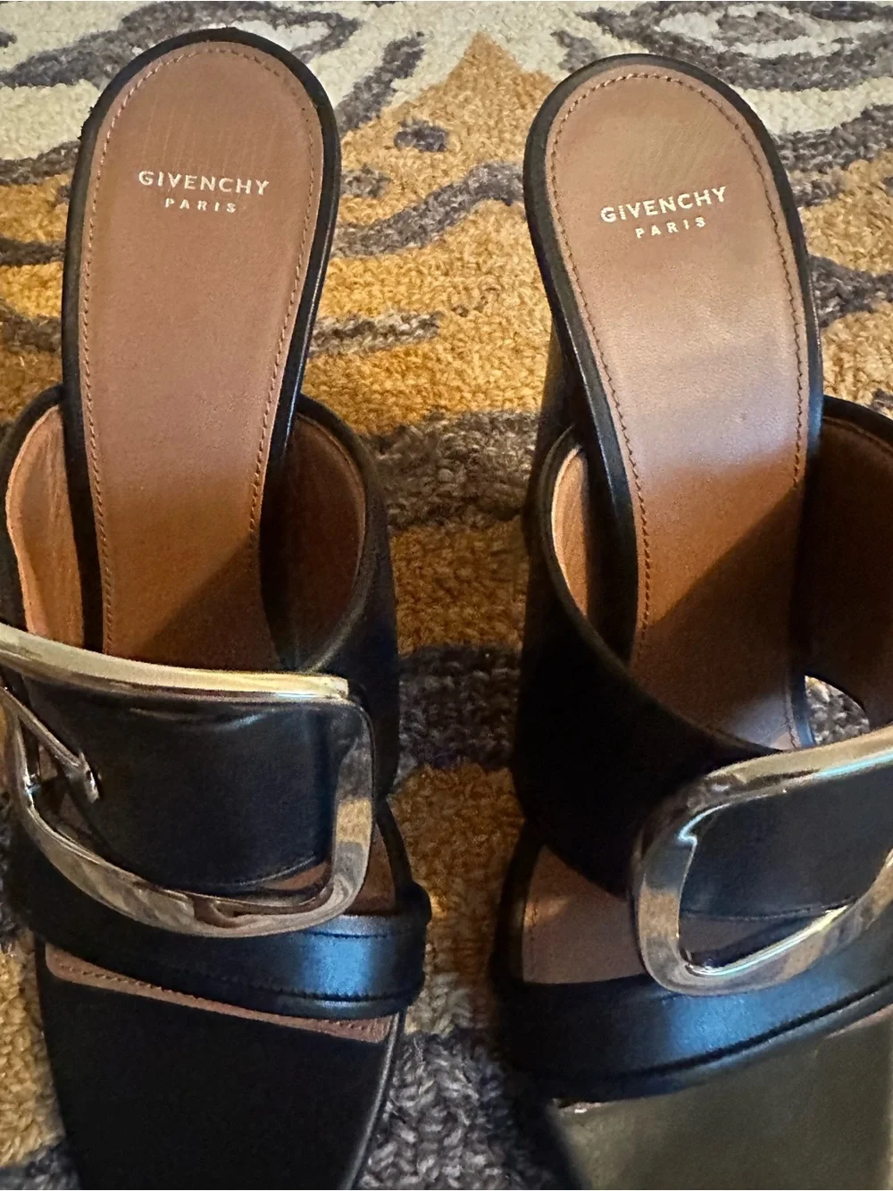 Givenchy Odia Black Leather Buckle Mules with silver Accent